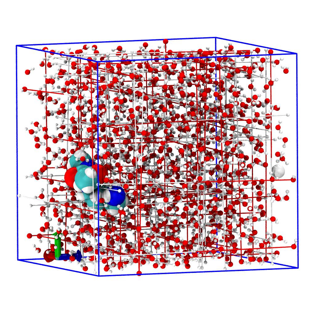 Image of the classical MD system on the last frame
of the trajectory with molecules broken across periodic boundaries