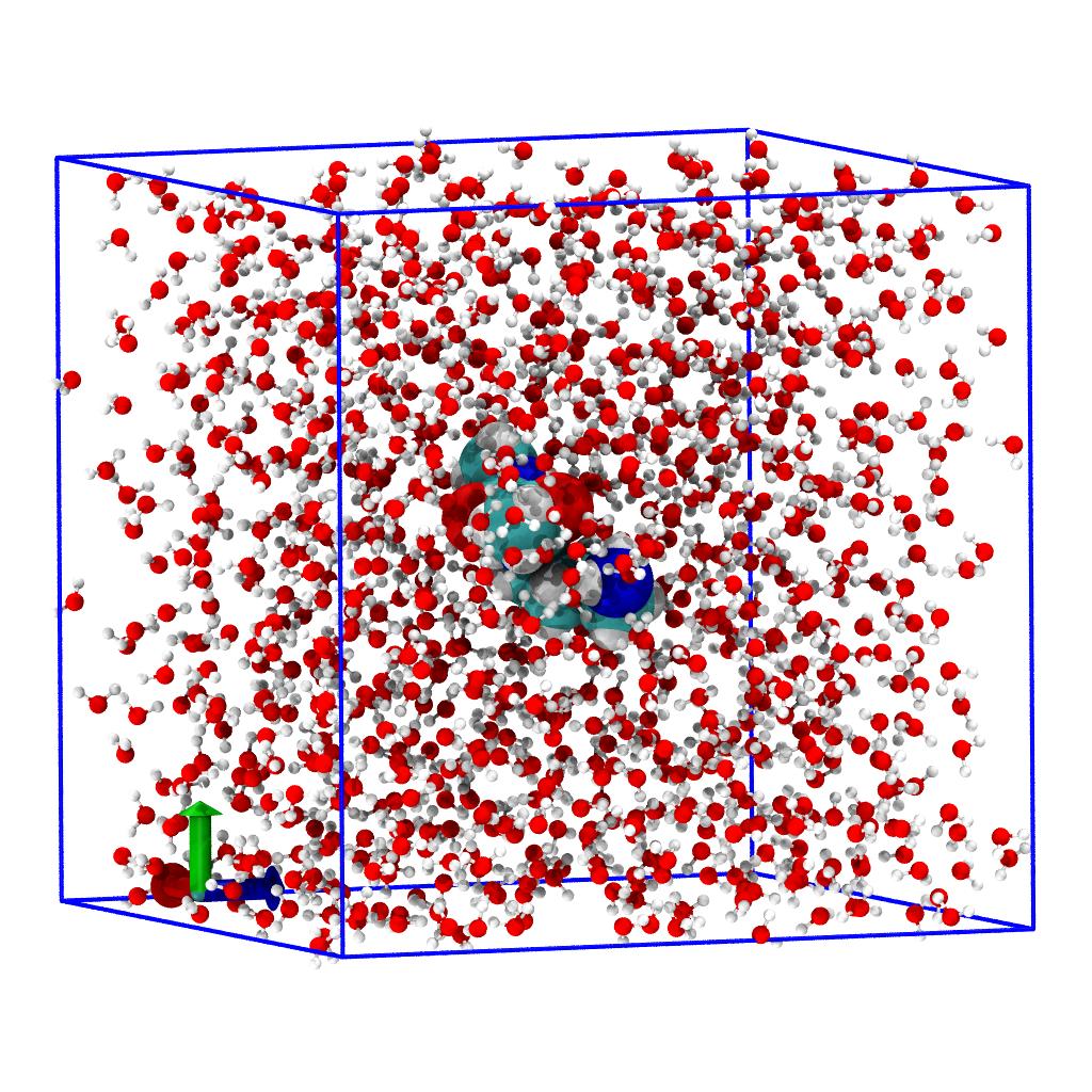 Image of the classical MD system on the last frame with the system
centered on the lysine solute and all molecules made whole across
periodic boundaries.