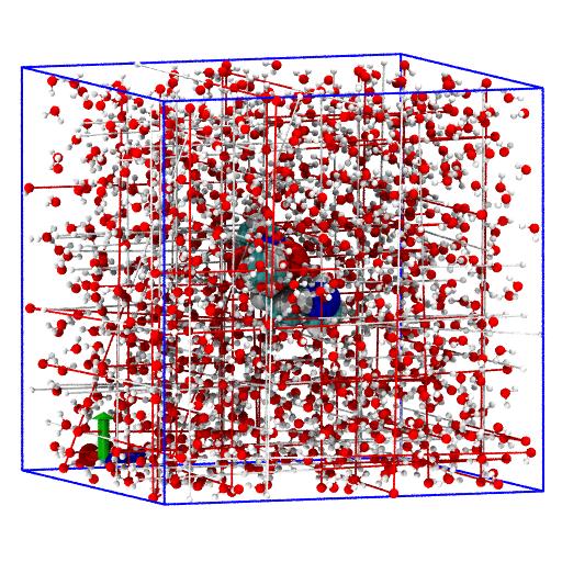 Image of the classical MD system on the last frame with the system
centered on the lysine solute and all atoms packed inside
periodic boundaries.