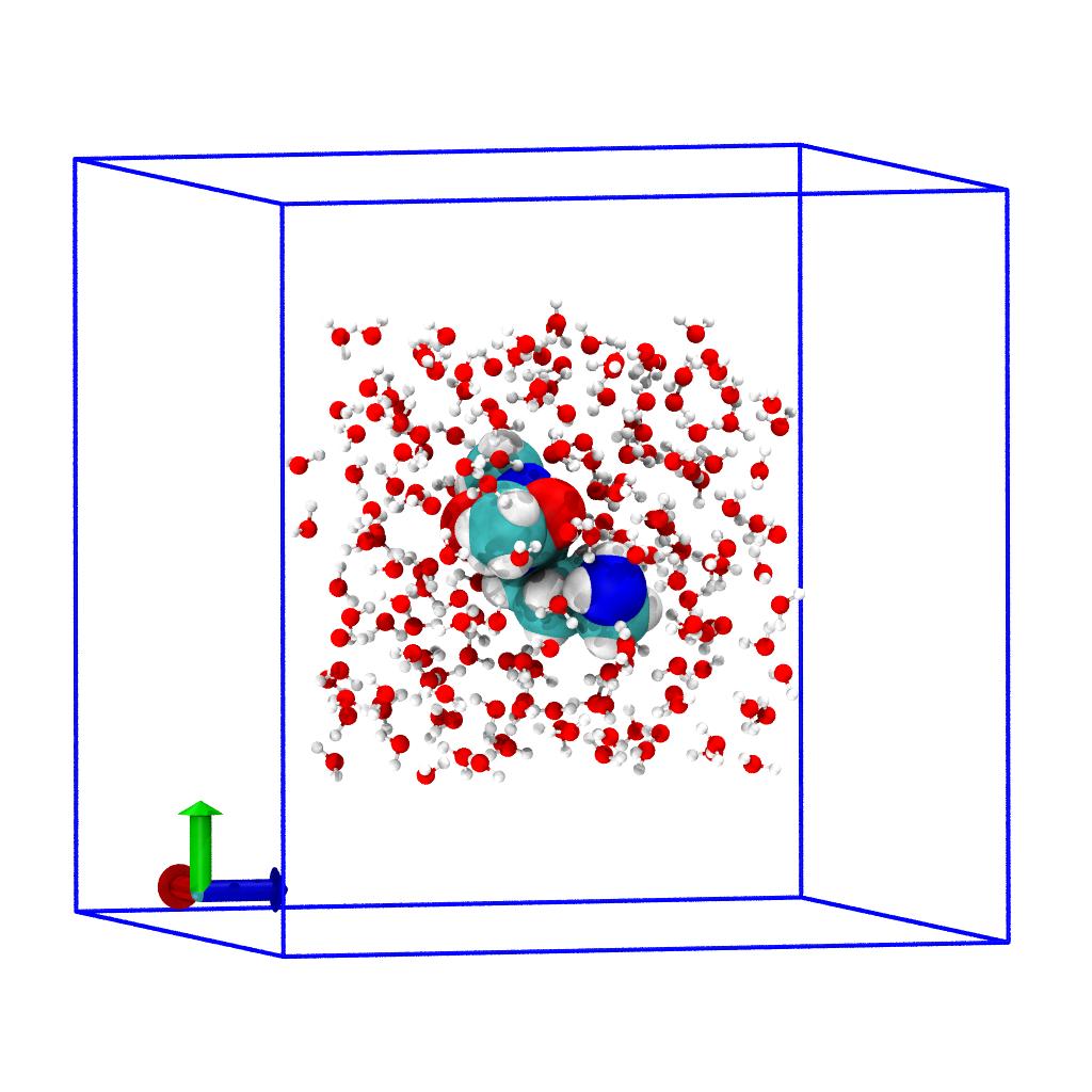 Image of the reduced classical MD system with solute (lysine)
together with water within 5 Å of the expanded bounding box of the solute