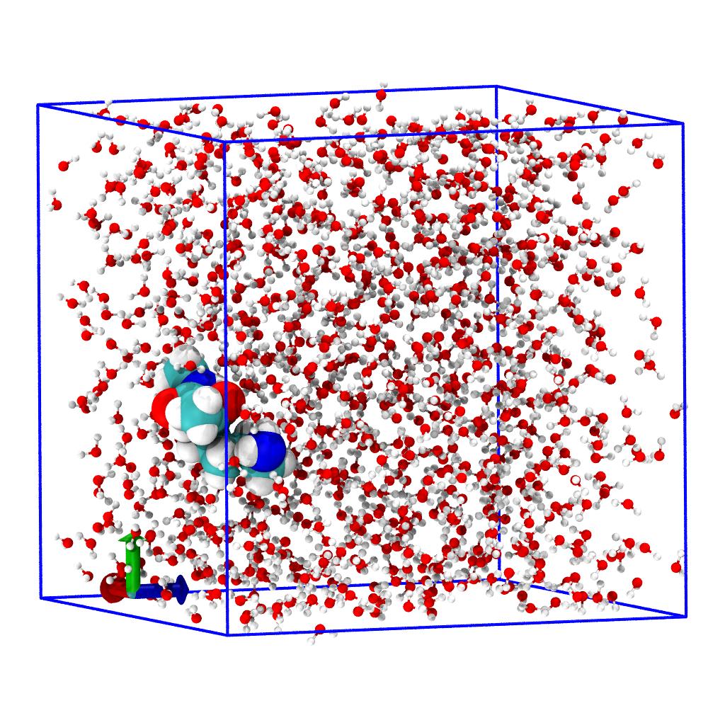 Image of the classical MD system on the last frame
of the trajectory. Water molecules are shown in CPK and the solute in
VDW representation